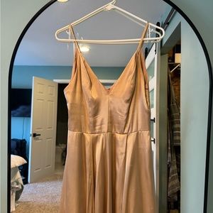 Bridesmaids gold/champagne v-neck floor length dress.